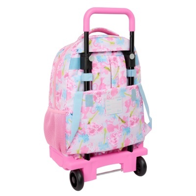 Mochila de rodinhas rosa com padrão floral em fundo branco