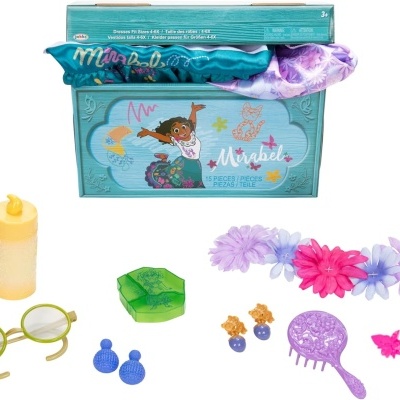 Conjunto brinquedo infantil com acessórios de sereia e caixa azul ilustrada
