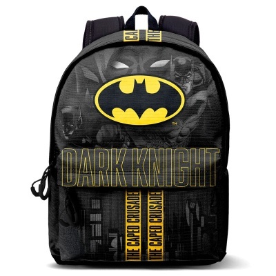 Mochila preta com logótipo do Batman e texto Dark Knight