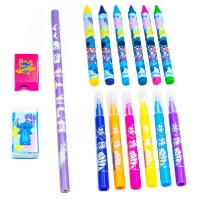 Conjunto de material de desenho colorido com personagens Stitch