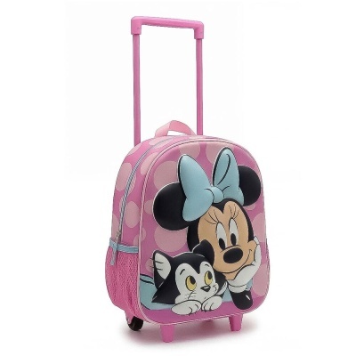 Mala de criança rosa com padrão de bolinhas e personagem da Minnie Mouse com gato