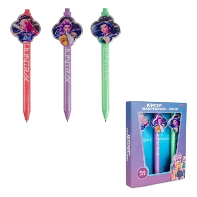 Conjunto de 3 canetas com personagens K-POP Demon Hunters em embalagem azul.