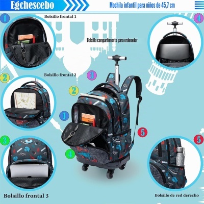 Mochila infantil azul escuro com desenhos e bolsos variados
