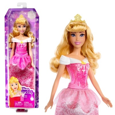 Boneca Disney Princess Aurora com vestido rosa e coroa dourada na embalagem roxa