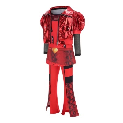 Conjunto infantil vermelho metálico com casaco, camisola, saia curta e calças com padrões diversos