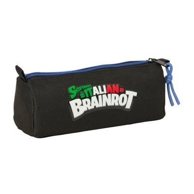 Estojo escolar preto com fecho azul e texto A ITALIAN BRAINROT estampado