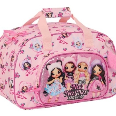 Mala de viagem rosa com bonecas e texto Na! Na! Na! Surprise