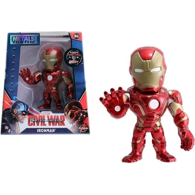 Figura de ação de Iron Man em metal vermelho e dourado com embalagem azul e vermelha