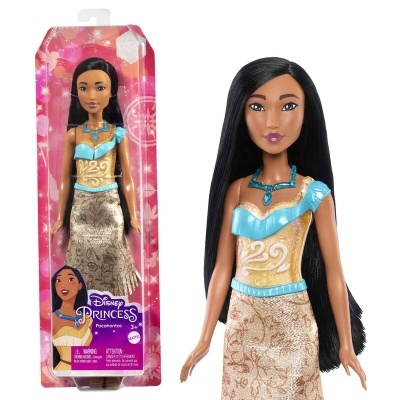 Boneca Disney Princesas Pocahontas em embalagem rosa com vestido azul e dourado