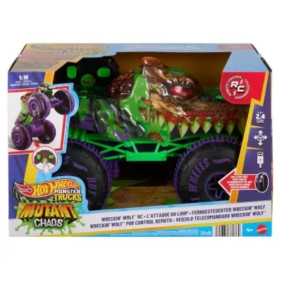 Veículo telecomandado Hot Wheels Monster Trucks Mutant Chaos Wreckin Wolf em embalagem colorida