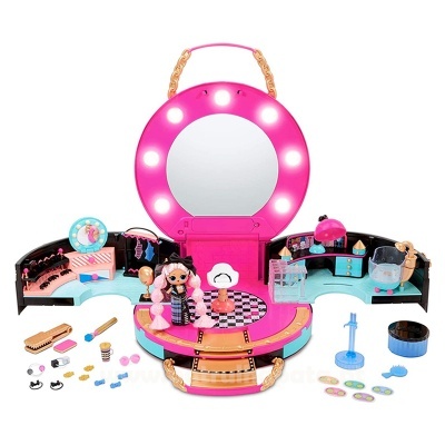 Conjunto de maquiagem portátil com espelho iluminado, acessórios e boneca