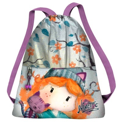 Mochila saco com ilustração de menina ruiva e gato roxo e alças lilás