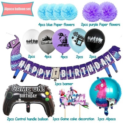 Conjunto de balões e decoração para festa de aniversário com tema Alpaca, cores azul, roxo, branco, preto e cinza, e elementos decorativos diversos.