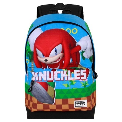 Mochila com estampa do personagem Knuckles do jogo Sonic e cores azul, verde, castanho e laranja.