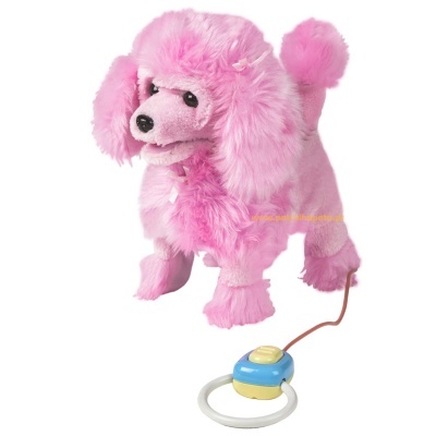 Brinquedo poodle cor-de-rosa peludo com controlo remoto azul e amarelo