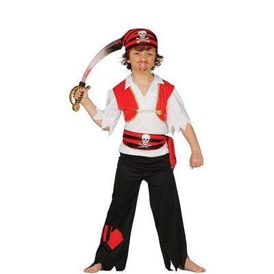 Criança com fato de pirata e espada de brinquedo