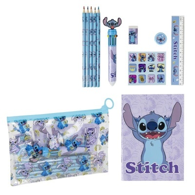 Conjunto escolar Stitch com lápis, caneta, borracha, apontador, autocolantes, régua, bolsa e caderno
