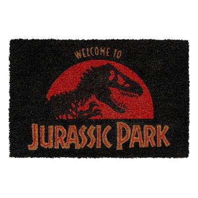 Tapete de entrada preto com logótipo vermelho e amarelo do filme Jurassic Park