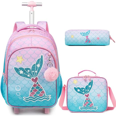 Conjunto infantil de mochila com rodas, estojo e lancheira azul e rosa com cauda de sereia e pompom