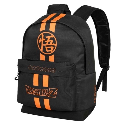 Mochila preta com padrão laranja e texto Dragonball Z