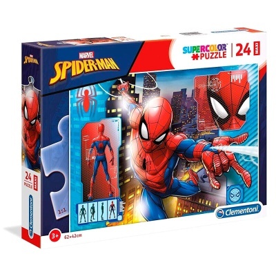 Caixa de puzzle Marvel Spiderman 24 peças com imagem do personagem sobre cenário urbano