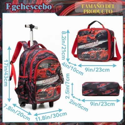 Conjunto escolar mochila com rodas, lancheira e estojo com estampas de carros vermelhos