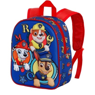 mochila infantil azul com personagens da Patrulha Pata e alças vermelhas