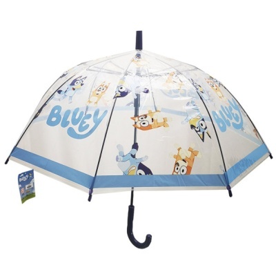 Guarda-chuva infantil transparente com personagens Bluey e texto azul