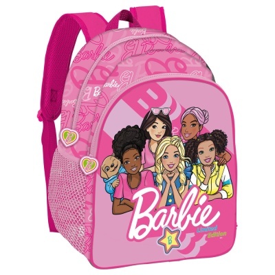 Mochila infantil rosa com design Barbie e personagens desenhadas na frente