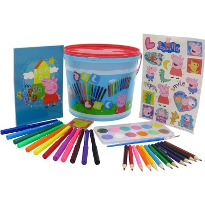 Conjunto de desenho Peppa Pig com canetas, lápis, aguarelas, stickers e balde de armazenamento