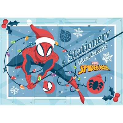 Calendário do Advento Spider-Man com cores vermelha, azul, branca e luzes de Natal coloridas.