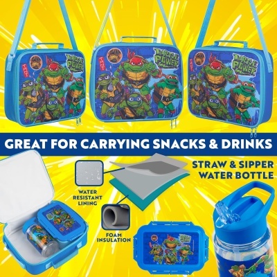 Estojo lancheira azul das Tartarugas Ninja com garrafa azul e texto TURTLE POWER
