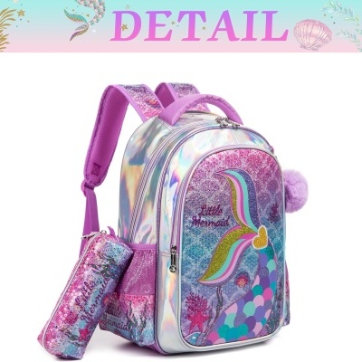 Mochila rosa brilhante com estojo e desenho de sereia com cauda colorida e glitter
