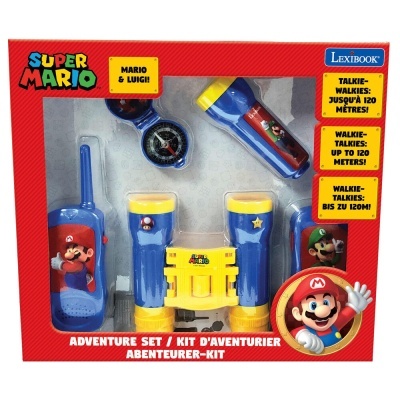 Conjunto de aventura Super Mario com walkie-talkies, binóculos, bússola e lanterna em embalagem vermelha