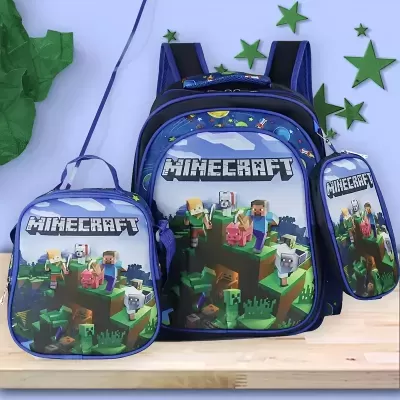 conjunto mochila, lancheira e estojo Minecraft azul com personagens coloridos
