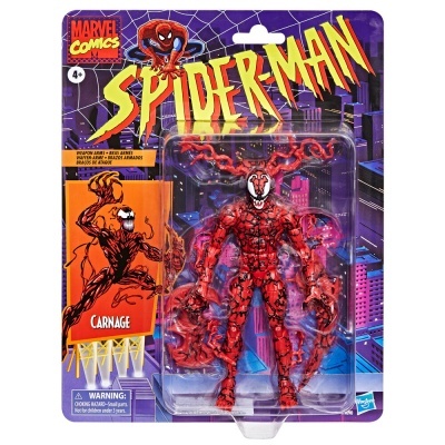 Figura de ação Spider-Man Carnage embalada em blister plástico colorido.