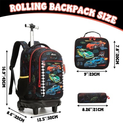 Mochila com rodas, estojo e lancheira com tema de carros de corrida