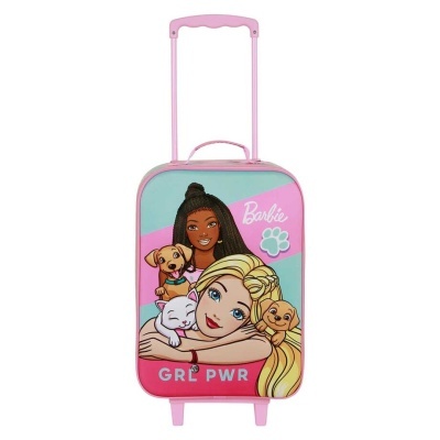 mala de viagem infantil Barbie rosa e azul com ilustração e texto GRL PWR