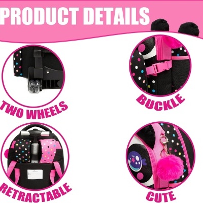 Detalhes da mochila preta com bolinhas coloridas e rosa com texto em inglês