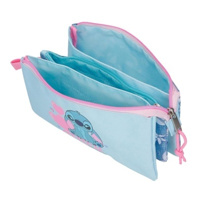 Estojo azul claro com zíper rosa e personagem Stitch