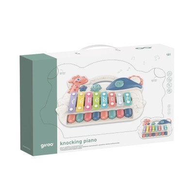 Brinquedo knocking piano de madeira colorida em caixa branca com texto e imagens