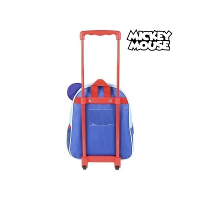 Mochila de criança azul e vermelha com rodas e puxador vermelho e orelhas azuis, vista de costas