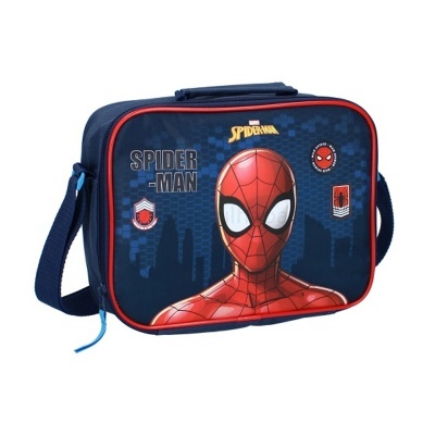 Mala azul escura com imagem do Spider-Man e texto relacionado.