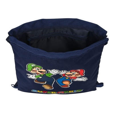 Bolsa azul escura com estampa colorida de Luigi e Mario e texto SUPER MARIO