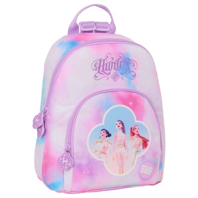 Mochila pastel rosa, lilás e azul com imagem e texto KPOP DEMON HUNTERS