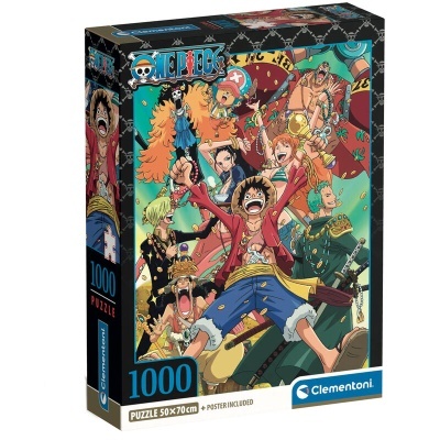 Caixa de puzzle One Piece 1000 peças, colorido, com personagens da série e texto informativo.