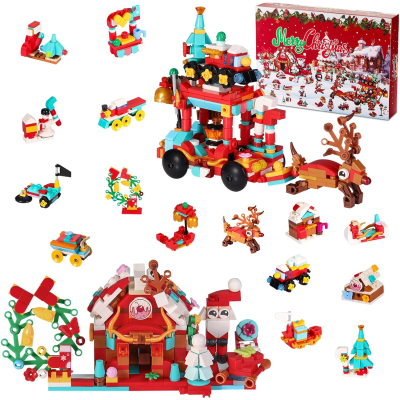 Conjunto de blocos de construção coloridos com tema de Natal e caixa 'Merry Christmas'.