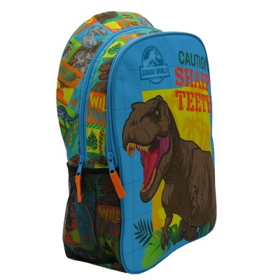 Mochila azul com dinossauro T-Rex e texto CAUTION SHARP TEETH