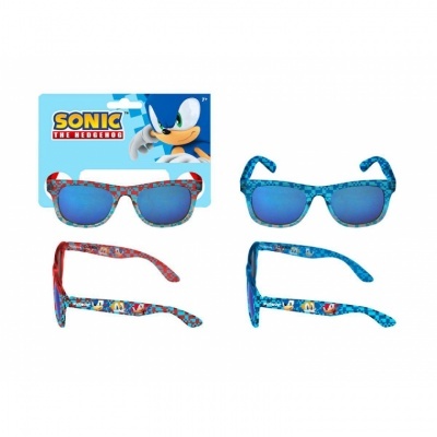 Dois pares de óculos de sol infantis com padrões do Sonic em vermelho e azul, lentes azuis refletoras