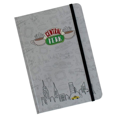 Caderno cinzento com elástico preto e logo Central Perk da série Friends